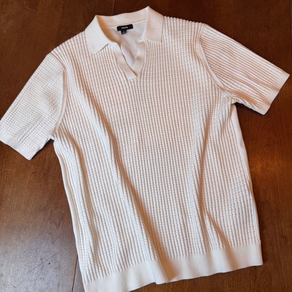 Reiss Polo Shirt Men XL White Merit Textured Knit SS Open Collar V-Neck